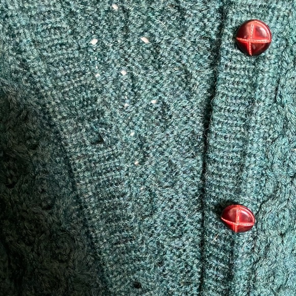 L.L. Bean Dark Forest Green Cable Knit Aran Fisherman Cardigan made in Ireland - Picture 4 of 6